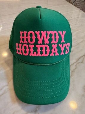 Green 'Howdy Holidays' Trucker Hat with Pink Lettering
